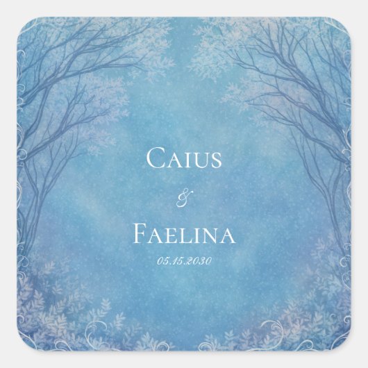 Frosty Azure Filigree Winter Forest Wedding スクエアシール (正面)