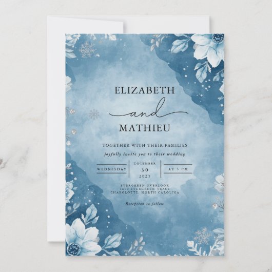 Frosty Blue Floral Breeze Wedding 招待状 (正面)