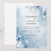 Frosty Blue Floral Wash Wedding 招待状 (正面/裏面)