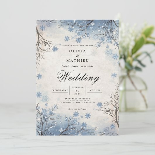 Frosty Blue Winter Branch Wedding 招待状 (スタンド正面)
