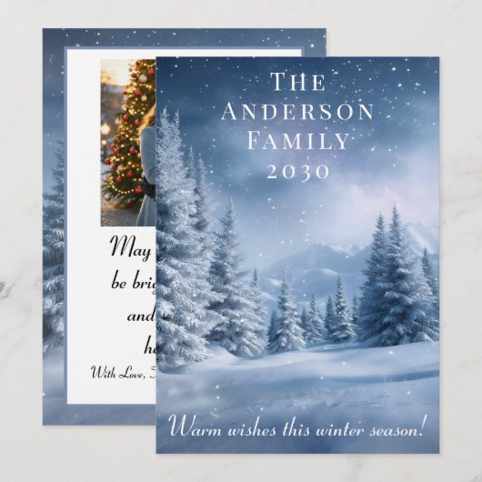 Frosty Blue Winter Landscape Holiday Christmas シーズンカード (正面/裏面)