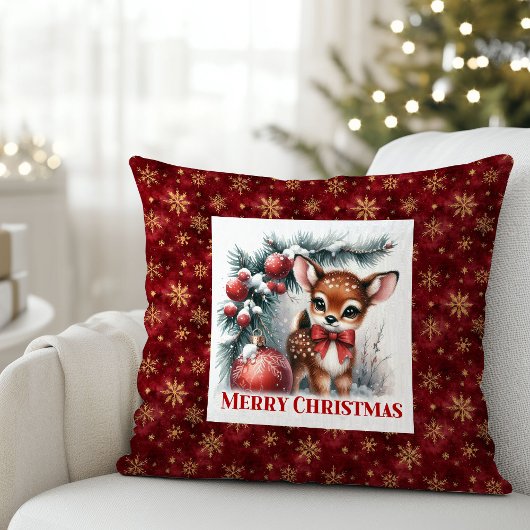 Frosty Christmas scene baby fawn Christmas pillow  クッション