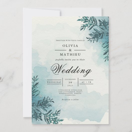 Frosty Evergreen Arch Romance Wedding 招待状 (正面)