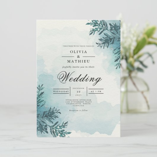 Frosty Evergreen Arch Romance Wedding 招待状 (スタンド正面)