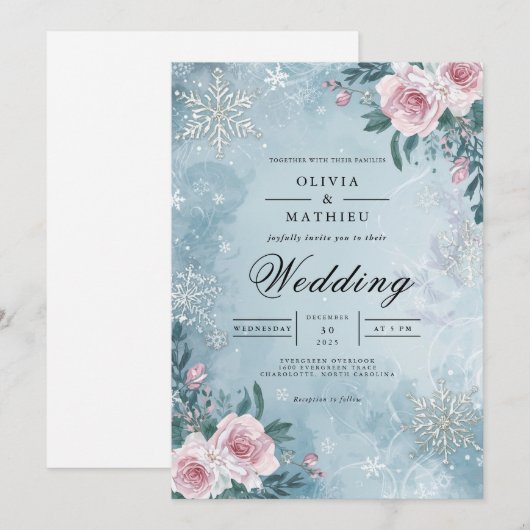 Frosty Floral Winter Scene Wedding 招待状 (正面/裏面)
