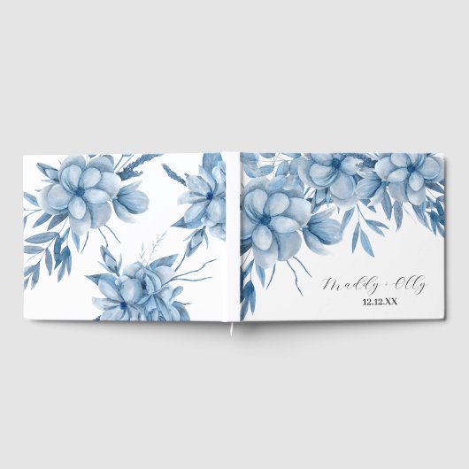 Frosty Grey Blue Floral Wedding ゲストブック (全面)