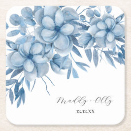 Frosty Grey Blue Floral Wedding スクエアペーパーコースター