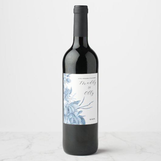 Frosty Grey Blue Floral Wedding ワインラベル (正面)