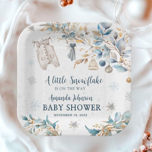 Frosty Little Snowflake Clothesline Baby Shower ペーパープレート