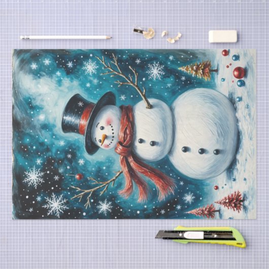 Frosty Night Snowman Whimsical Christmas Decoupage 薄葉紙 (クラフト)