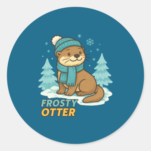 Frosty Otter Winter Charm Art Long Sleeve ラウンドシール (正面)