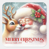 Frosty Personalized Santa and Rudolph Holiday Kids スクエアシール (正面)