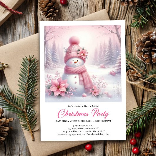 Frosty Pink Coquette Snowman Digital Christmas 招待状
