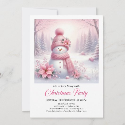 Frosty Pink Coquette Snowman Digital Christmas 招待状 (正面)