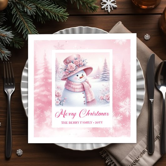 Frosty Pink Snowman Napkins Pinkmas Winter Scene スタンダードカクテルナプキン