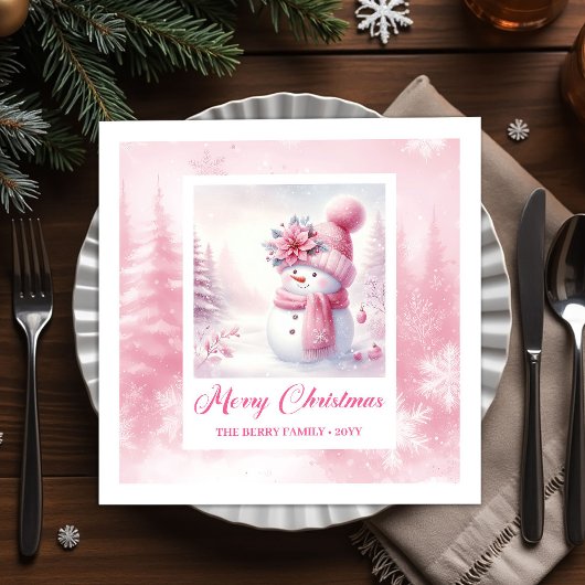 Frosty Pink Snowman Winter Scene Christmas Napkins スタンダードカクテルナプキン