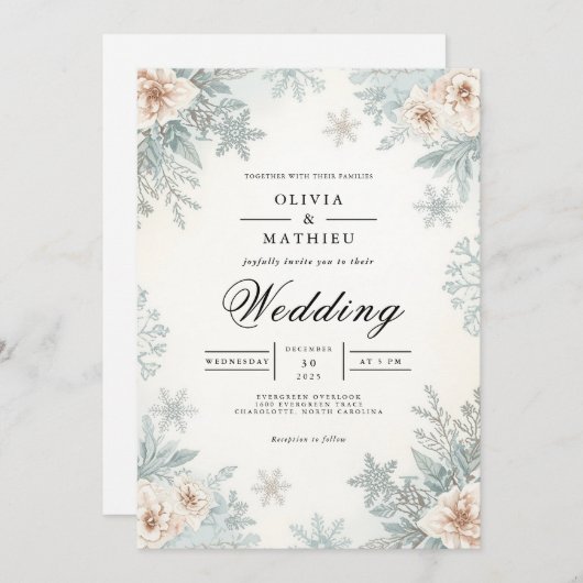 Frosty Winter Bloom Romance Wedding 招待状 (正面/裏面)