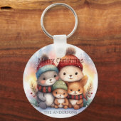 Frosty Woodland Family Personalize Merry Christmas キーホルダー (正面)