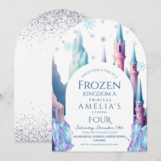 Frozen 4歳の誕生日 お城のキャラクター 招待状 (正面/裏面)