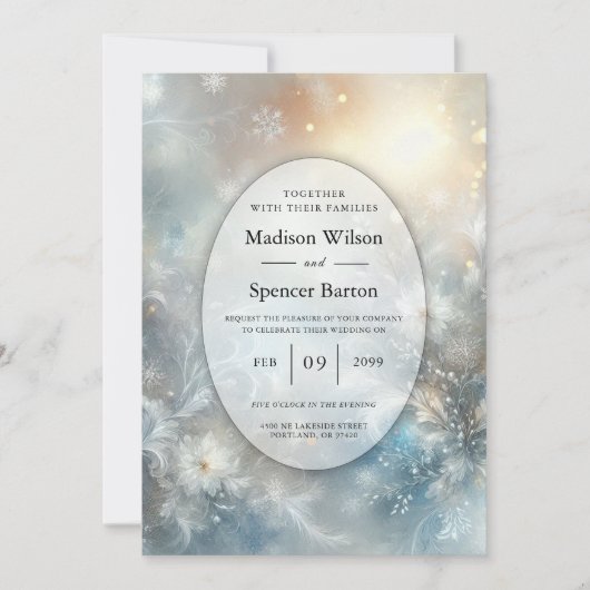 Frozen Petals in a Golden Winter Mist Wedding 招待状 (正面)