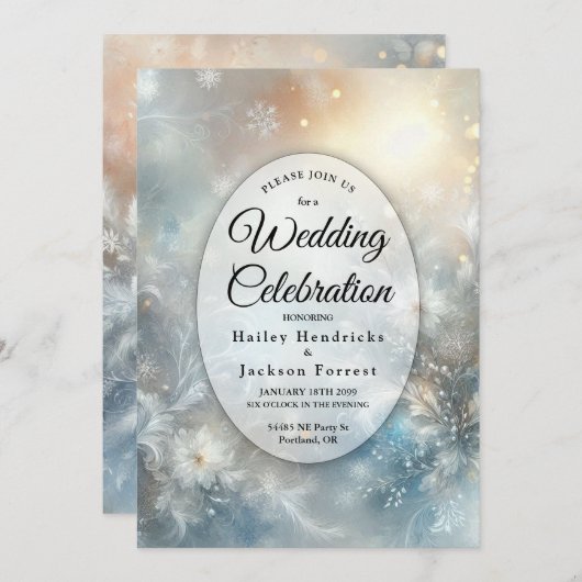 Frozen Petals in a Golden Winter Mist Wedding 招待状 (正面/裏面)