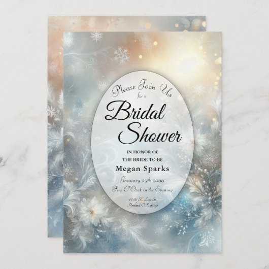 Frozen Petals in Golden Winter Mist Bridal Shower 招待状 (正面/裏面)