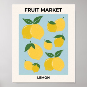 Fruit Market Lemon Print Vintage Food Art Blue ポスター