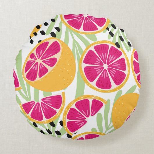 Fruit seamless pattern, grapefruit with tropical l ラウンドクッション (正面)