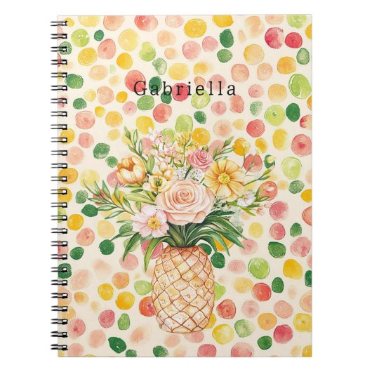Fruity Pink Green Yellow Pineapple Floral ノートブック (正面)