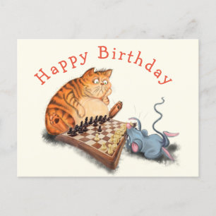FRunny猫とマウスのチェス遊誕生日カード ポストカード