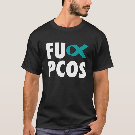 FU多嚢胞性卵巣症候群ティール（緑がかった色）リボン – PCOS Tシャツ (正面)