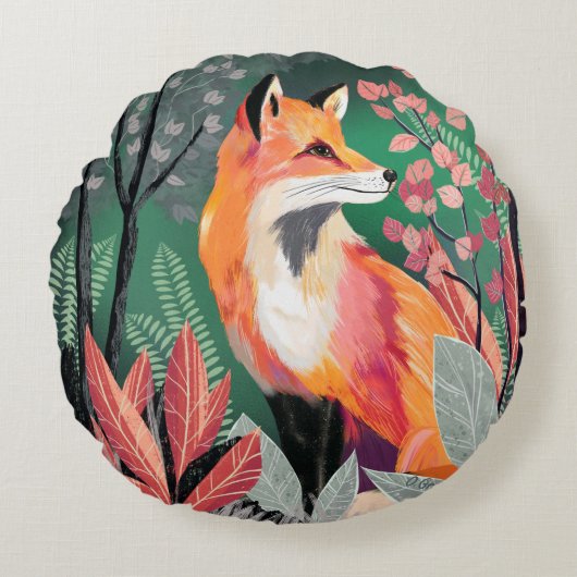 Fuchs Zauberwald Hand-Painted Nature Illustrations ラウンドクッション (正面)