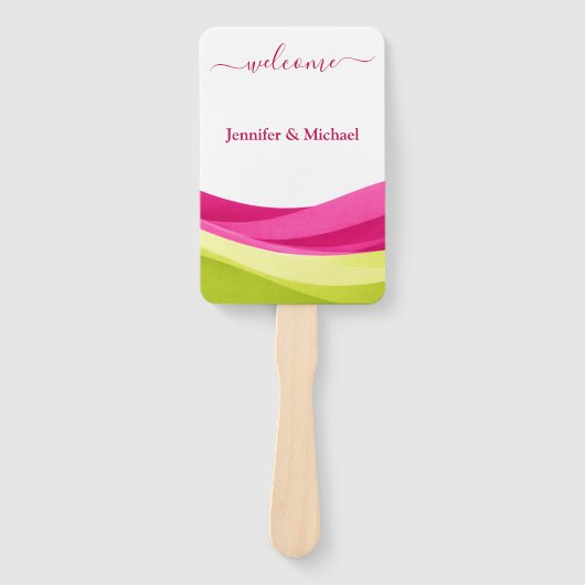 Fuchsia and Lime Green Wedding Fan Program ハンドファン (正面)