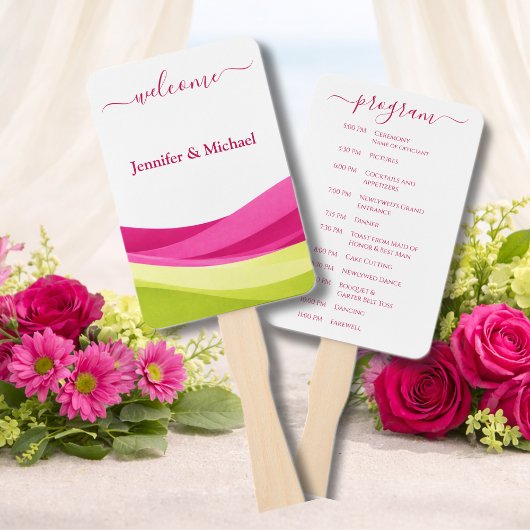 Fuchsia and Lime Green Wedding Fan Program ハンドファン