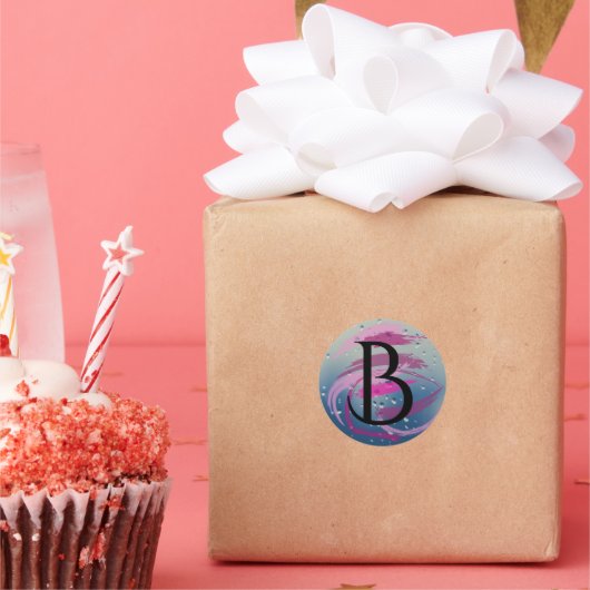 Fuchsia and Soft Pink Brushstrokes B Monogram ラウンドシール (パーティー)