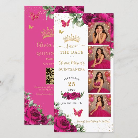 Fuchsia Floral Photo Booth Quinceanera QR code セーブザデート (正面/裏面)