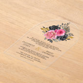 Fuchsia Floral Roses Black Wedding アクリル招待状 (レイダウン)
