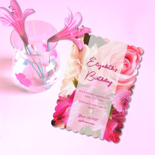 Fuchsia Florals Birthday Invitation Card サンキューカード