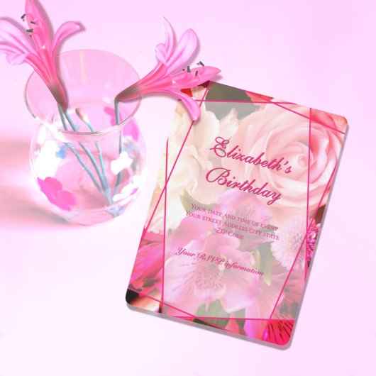 Fuchsia Florals Birthday Invitation Card サンキューカード