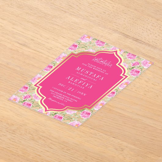 Fuchsia Gold Pink Floral Pattern Muslim Wedding アクリル招待状 (レイダウン)
