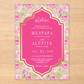 Fuchsia Gold Pink Floral Pattern Muslim Wedding アクリル招待状 (正面)
