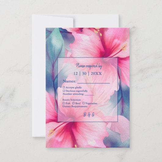 fuchsia hawaiian tropical floral hibiscus wedding 出欠カード (正面)