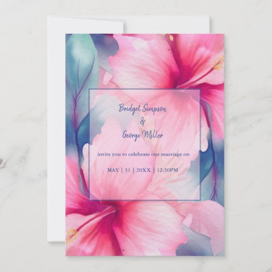 fuchsia hawaiian tropical floral hibiscus wedding 招待状 (正面)