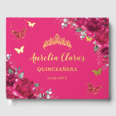 Fuchsia Hot Pink Floral Butterflies QUINCEAÑERA 16 ゲストブック (正面)