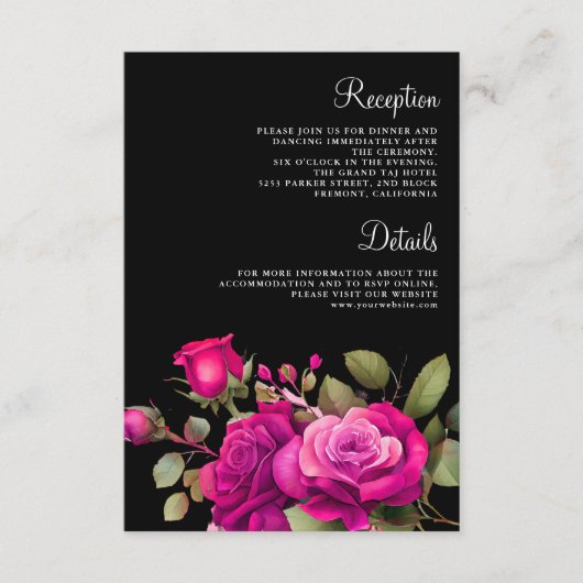 Fuchsia Hot Pink Roses Black Wedding Details エンクロージャーカード (正面)