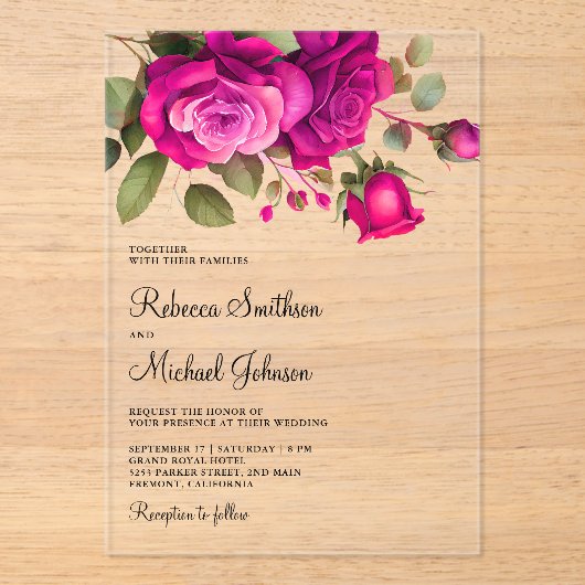 Fuchsia Hot Pink Roses Wedding アクリル招待状 (正面)