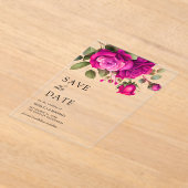 Fuchsia Hot Pink Roses Wedding Save the Date アクリル招待状 (レイダウン)