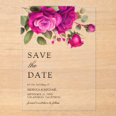 Fuchsia Hot Pink Roses Wedding Save the Date アクリル招待状 (正面)