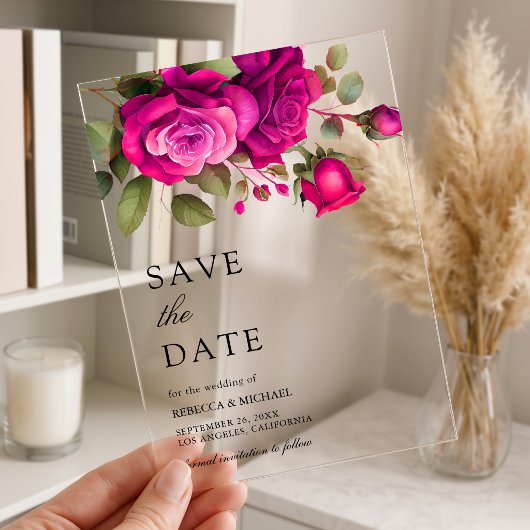 Fuchsia Hot Pink Roses Wedding Save the Date アクリル招待状