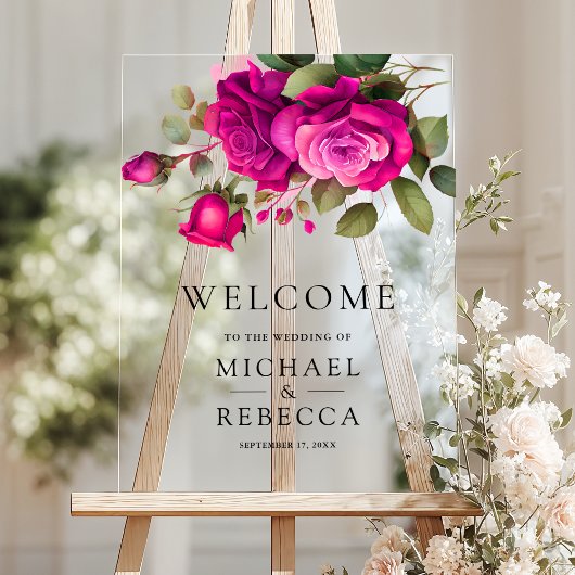 Fuchsia Hot Pink Roses Wedding Welcome アクリルサイン